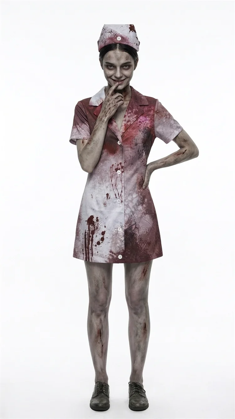 Halloween Blutfleckiges Krankenschwester-Kostüm, Gruseliges Bühnen-Cosplay-Kostüm für Frauen, Zombie-Spiel-Thema-Kleid, Rollenspiel-Performance, Fantasie-Outfit 2026 – Detail 3