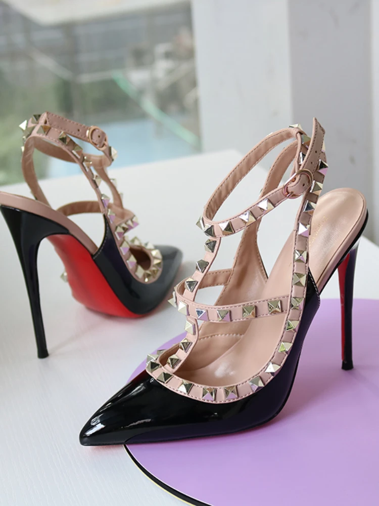 2024 New Rivet pointed ultra-high heel sandals with red bottom and thin heel buckle strap sexy nightclub customization size 12cm