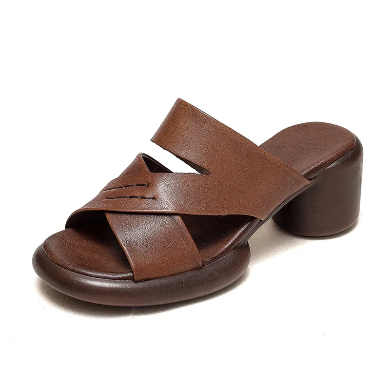 

6CM Women High Heel Slippers Summer Genuine Leather Slip On Peep Toe Slippers Ladies Handmade Retro Outside Casual Slides