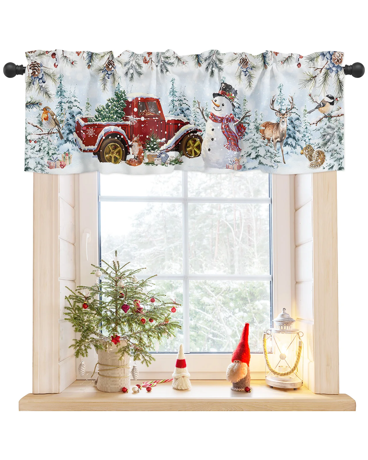 Christmas Snowman Truck Pinecone Short Curtains Kitchen Cafe Wine Cabinet Door Window Small Curtains Wardrobe Curtain Home Decor