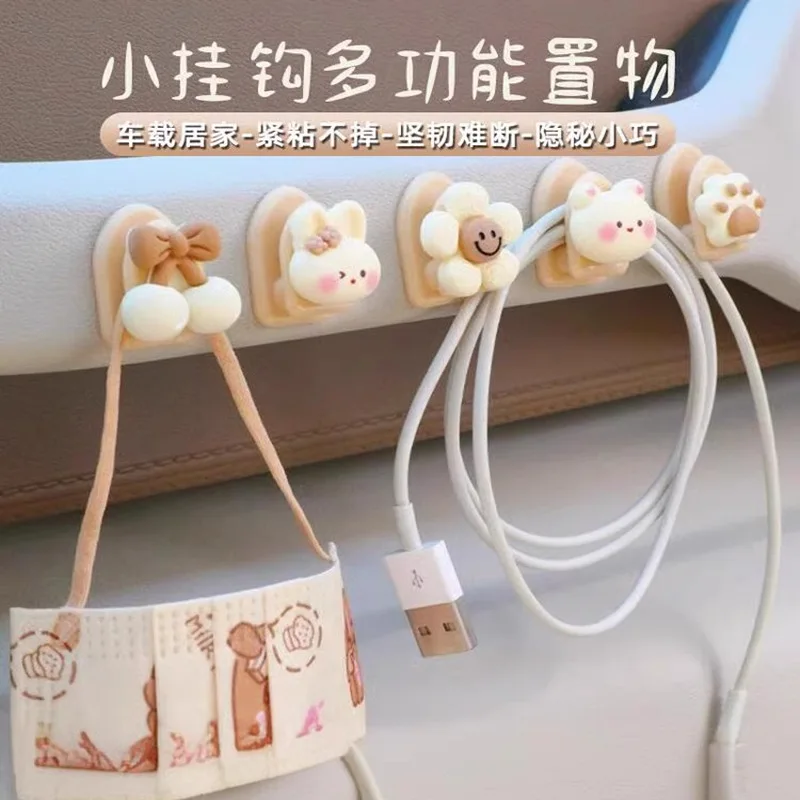 3/5Pcs Cute Cream Style Adhesive Hooks, Kawaii Animal Mini Hooks for Car and Desk, Multi-Use Decorative Wall Hangers