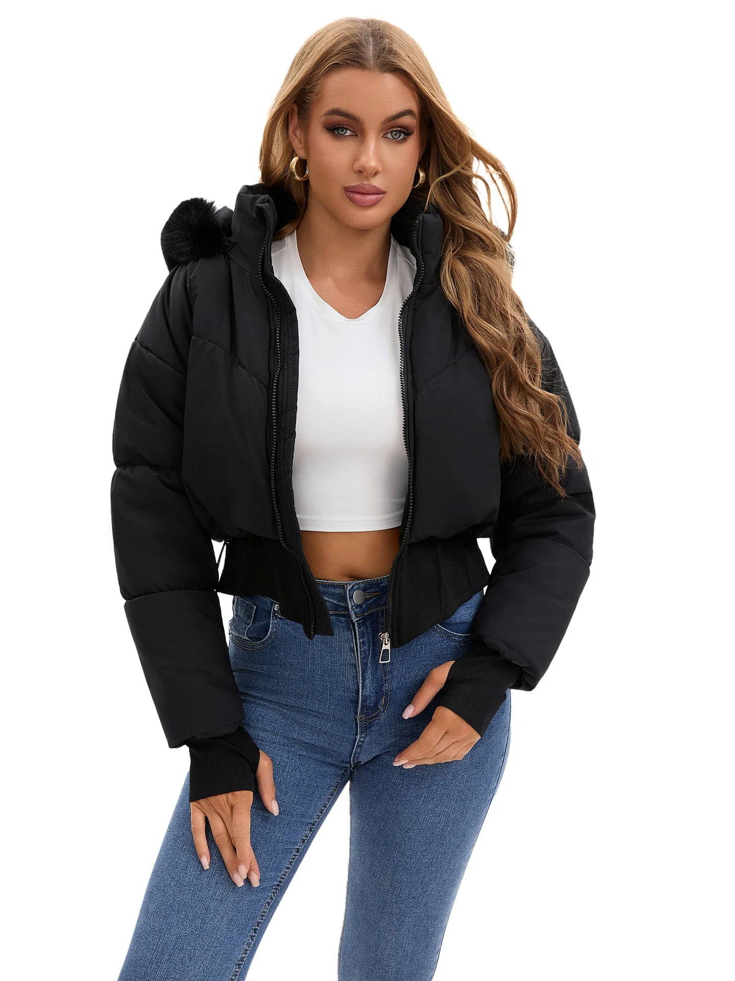 Women's Thickened Warm Cotton-Padded Jacket with Large Fur Collar And Hood Waist-Cinching 2025 Style