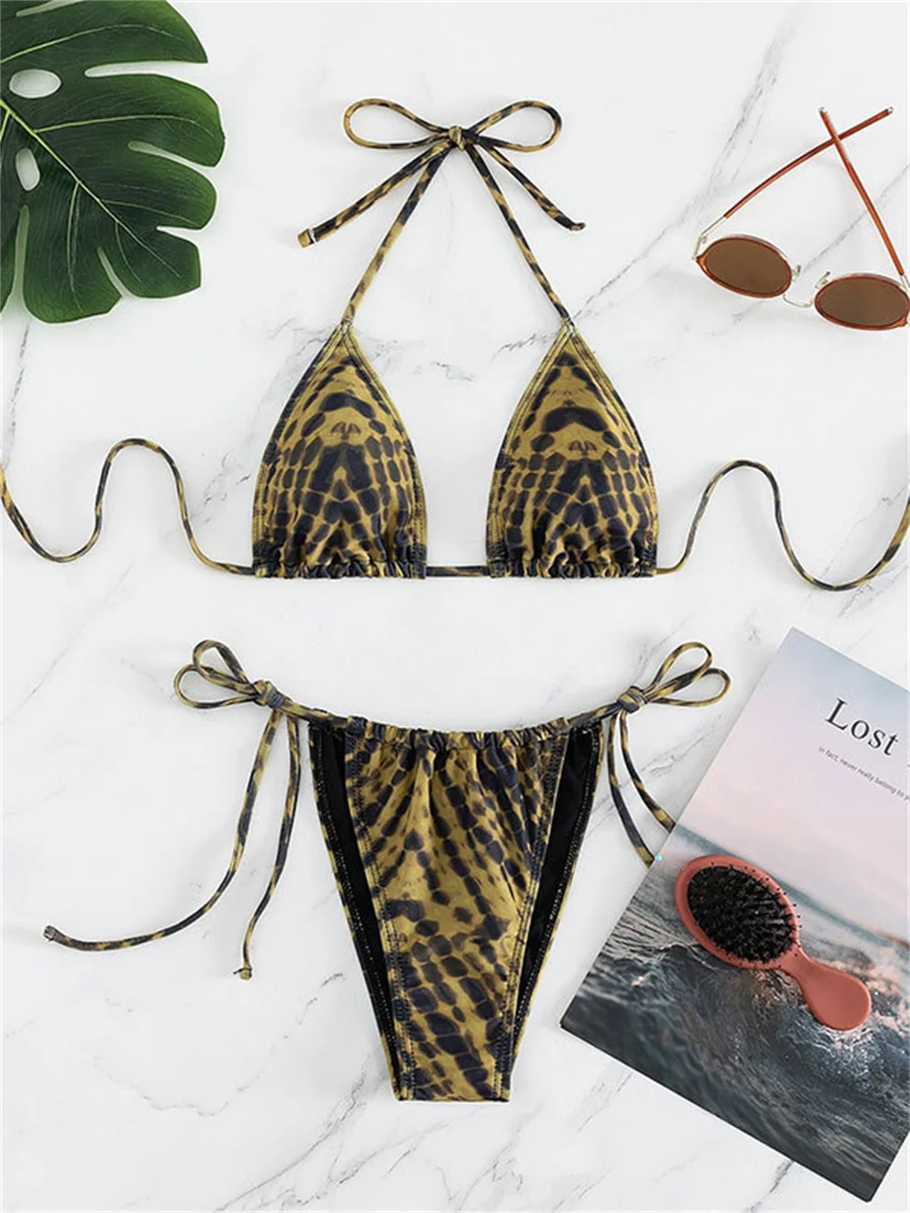 

Vintage Print Bikini Swimsuit Goth Vacation Swimwear Backless Micro String Lace Up Bikinis Thong Women Beach Outfit Bathing Suit