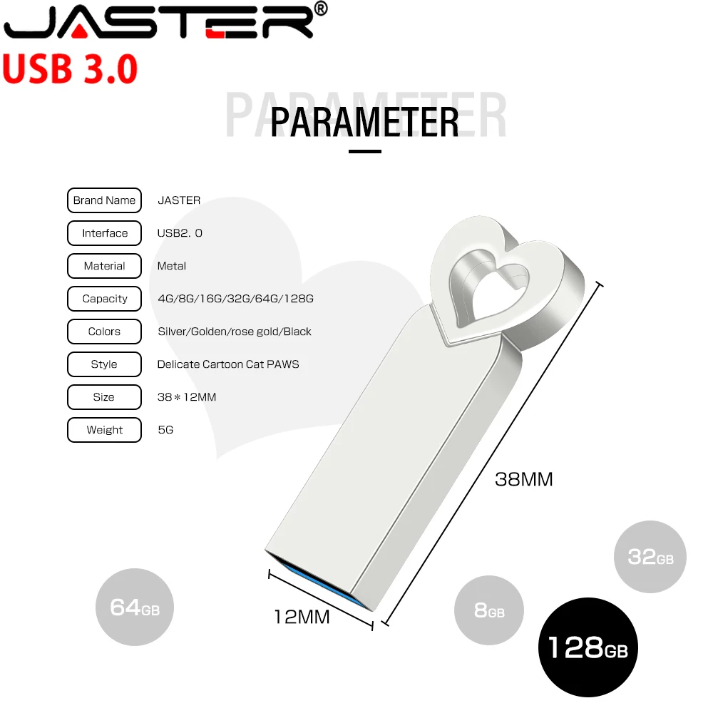 Heart USB 3.0 Flash Drive 64GB Silver Metal Memory Stick 32GB Pretty Rose Gold Pen Drive 16GB Black Business Gift USB Stick 8GB