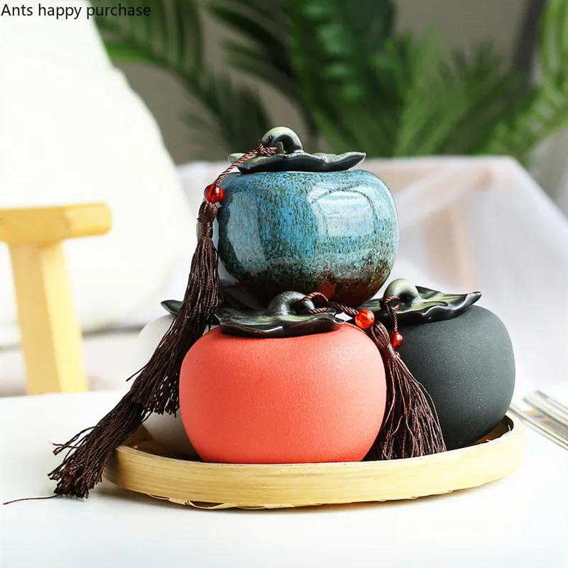 

Persimmon Storage Tank Ceramics Tea Pot with Cover Small Portable Sealed Jar Tea Storage Home Desktop Decorative Cans Teaware
