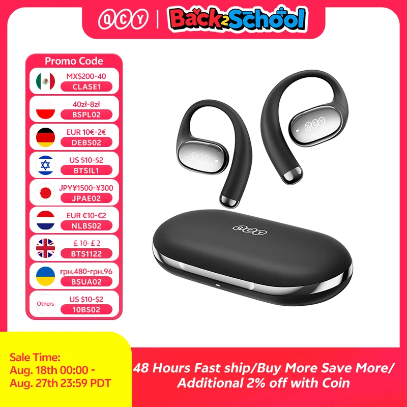 QCY Crossky R70 Cuffie wireless a orecchio aperto ad alta risoluzione con LDAC OWS Auricolari Bass Boost Bluetooth 6.0 Auricolari sportivi con gancio per l'orecchio 52 ore