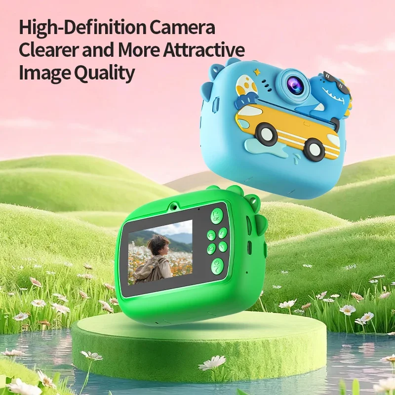 كاميرا طباعة فورية ملونة خضراء لطيفة مع بطاقة SD كاميرا طباعة فيديو صغيرة مع ورق صور هدية للأولاد والبنات