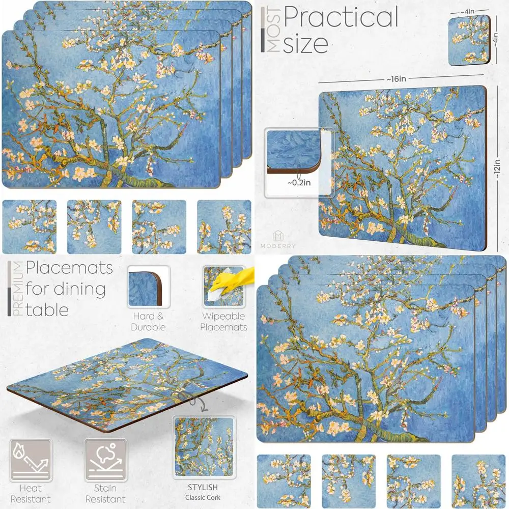 

4-Piece Heat-Resistant Cork Placemats with Almond Blossoms Design, 16x12, Includes 4 Matching Coasters