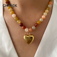 GHIDBK Bohemia Multi-color Natural Stone Handmade Beaded Chain Waterproof Trendy Gold Plated Heart Pendant Necklace for Women