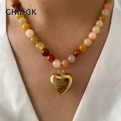 GHIDBK Bohemia Multi-color Natural Stone Handmade Beaded Chain Waterproof Trendy Gold Plated Heart Pendant Necklace for Women