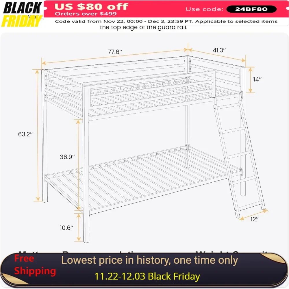 Double Metal Bunk Bed with Inclined Stairs and Full Length Guardrails for Easy Climbing and Assembly, Black Industrial Bunk Bed