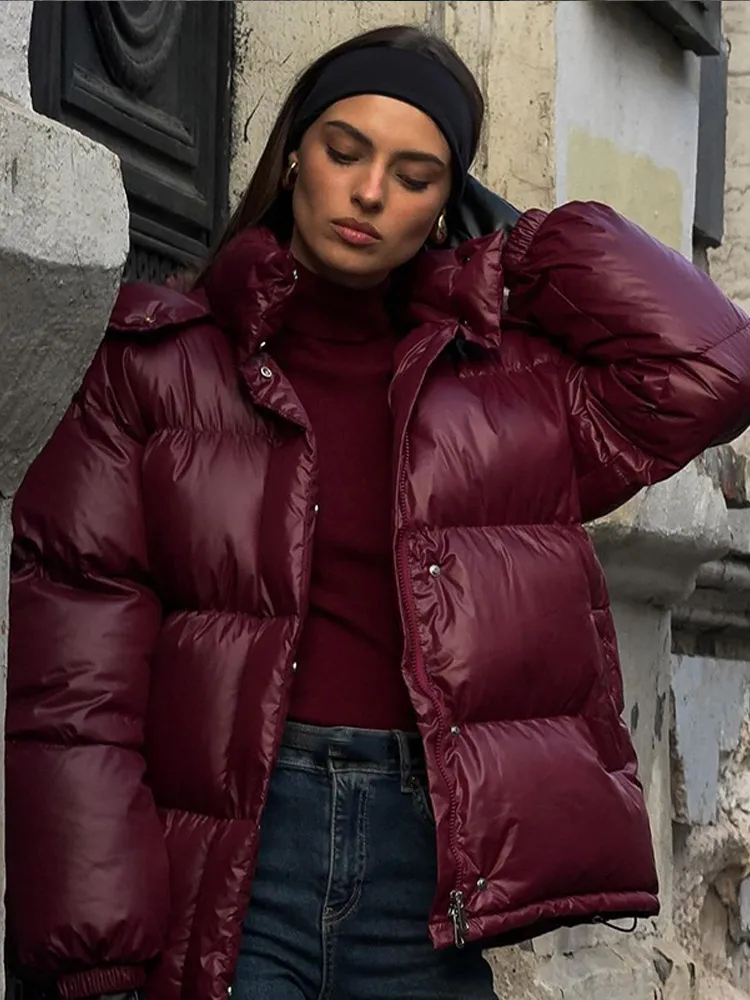 Women Fashion Burgundy Red Hooded Padded Jacket Winter Warm Stand Collar Zipper Breasted Parka 2024 New Lady High Streetwear