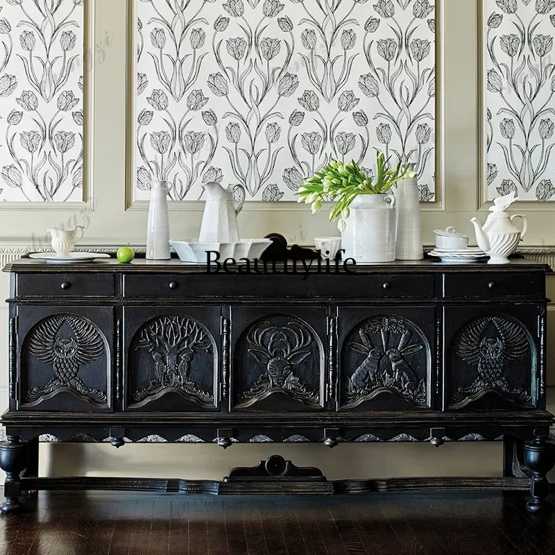 B567 French hand-carved zoo dining side cabinet, studio art retro decorative cabinet, wabi-sabi