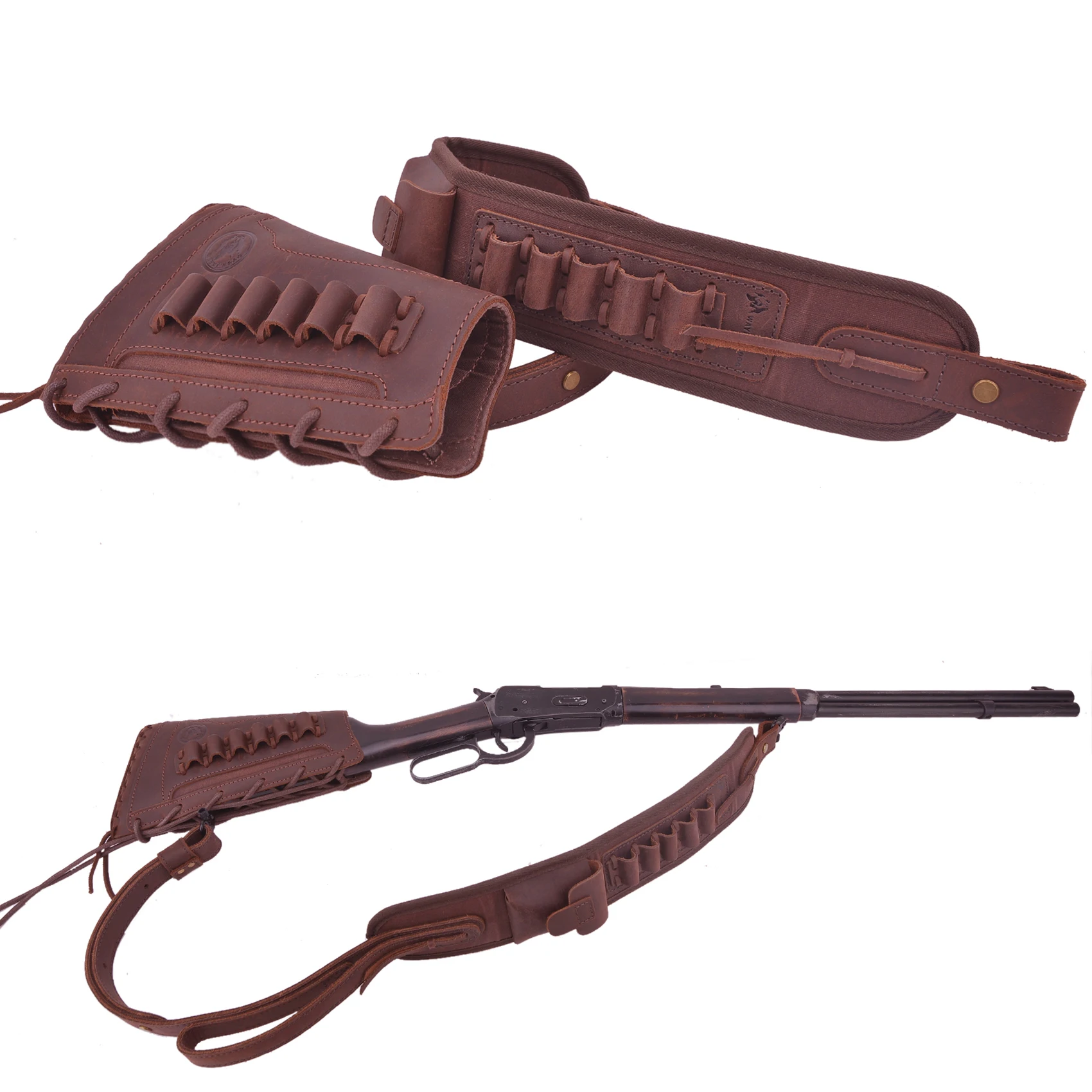 Set of Canvas Leather Rifle Buttstock Cover with Match Gun Holder Sling .308 .40-65 .45-70 .22-250 .30-06 .300WIN