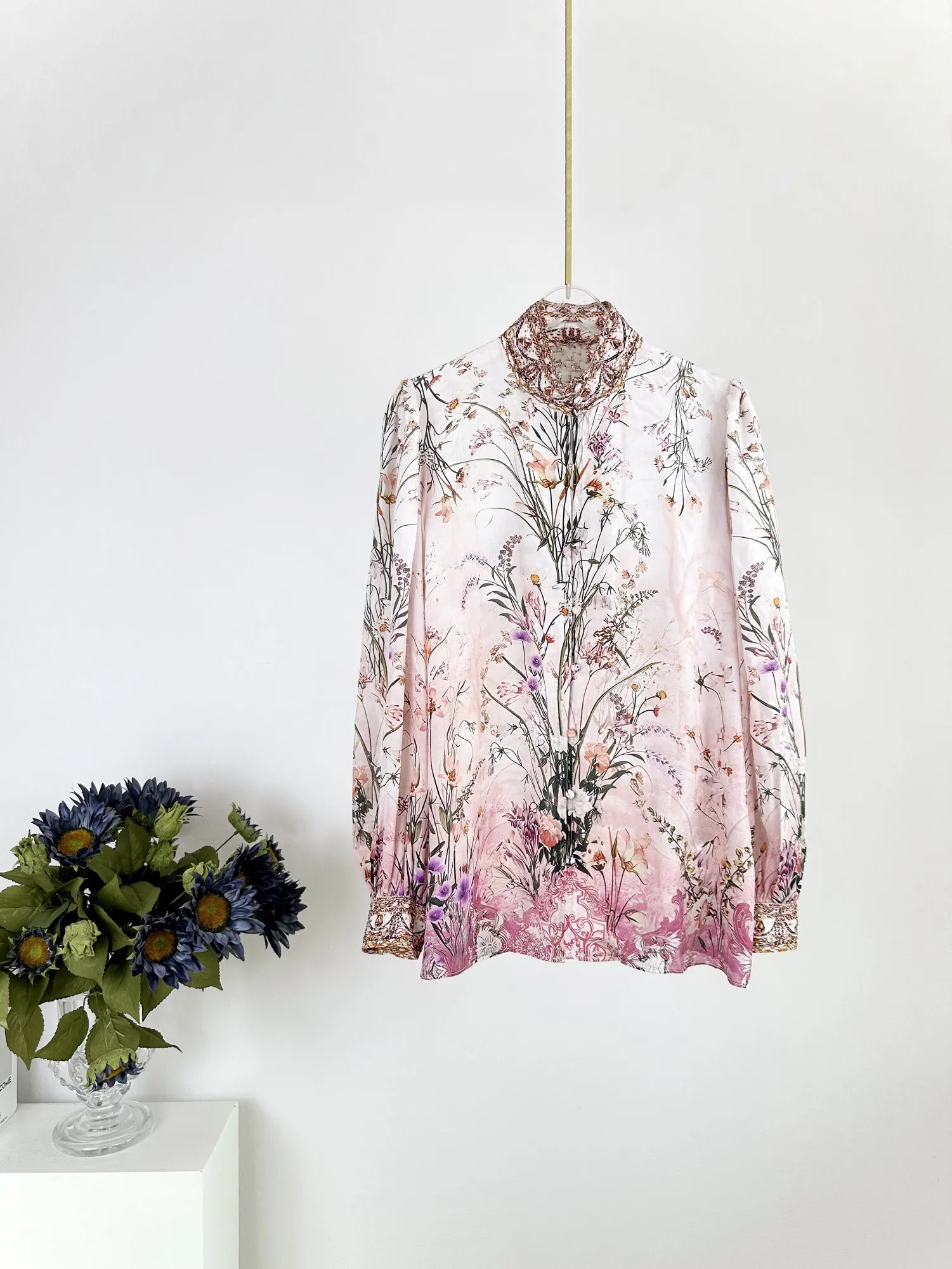 

Women Pink Flower Print Shirt Turtleneck Crystal Beaded Full Sleeve Elegant Blouse