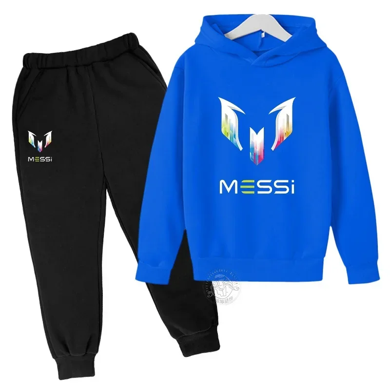 Messi Letter bedrukte kinderkleding herfst- en wintertrui met capuchon, lange broek, tweedelig casual sportpak voor jongens en meisjes