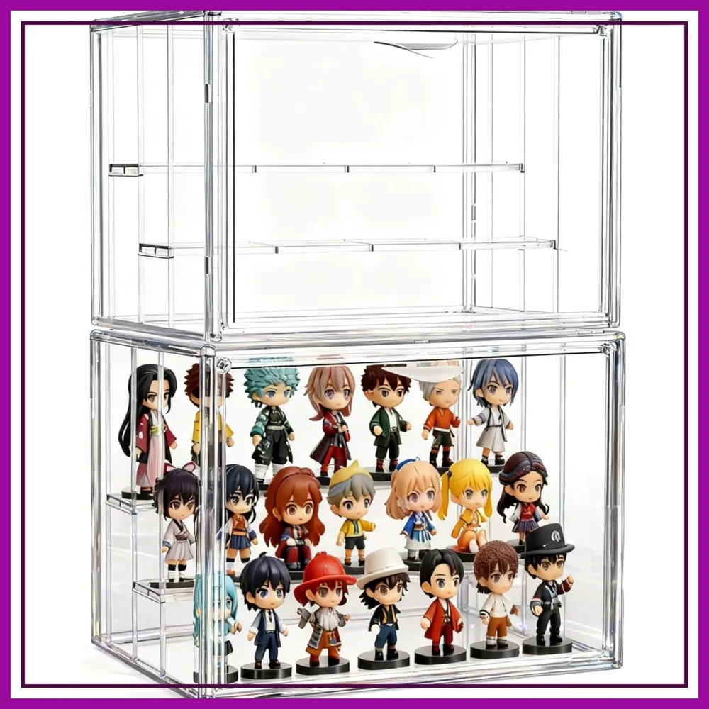 3 Tier Acrylic Display Case for Collectibles with Movable Dividers, Clear Stackable Showcase with Magnetic Door