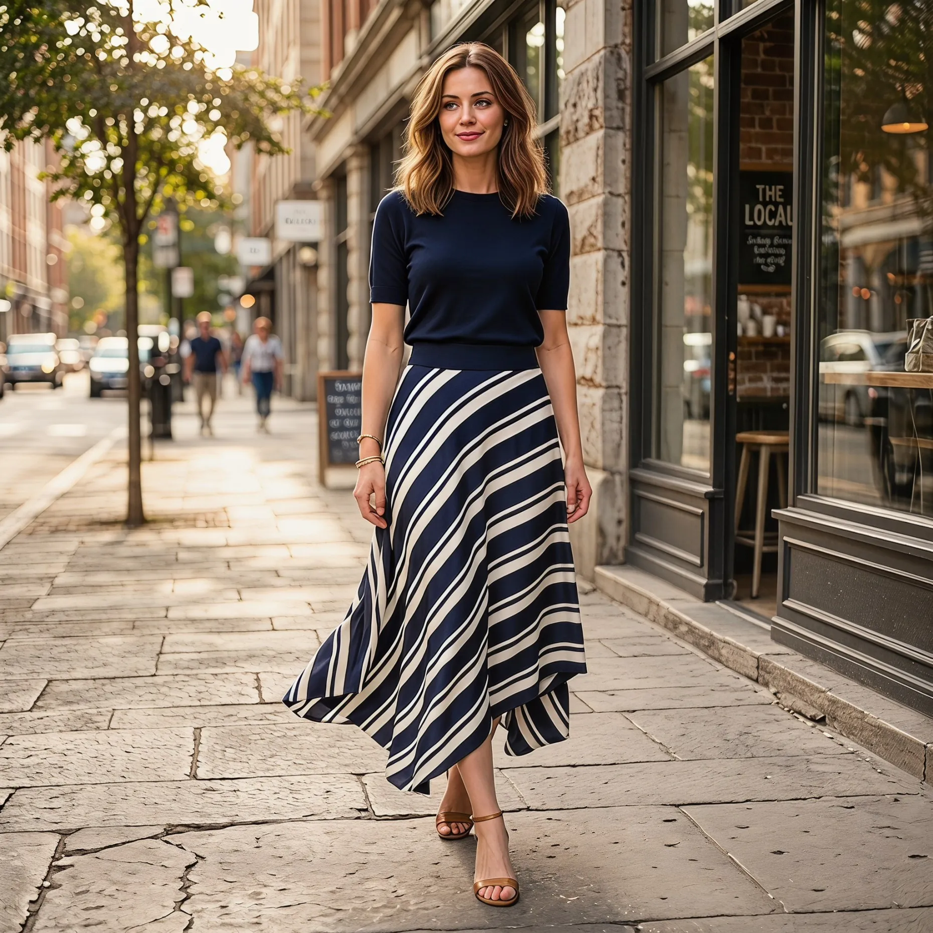 High End Navy Blue Striped Asymmetrical Skirt Women Elegant Draped A Line Midi Skirt Luxury French Style Fashion BC2108