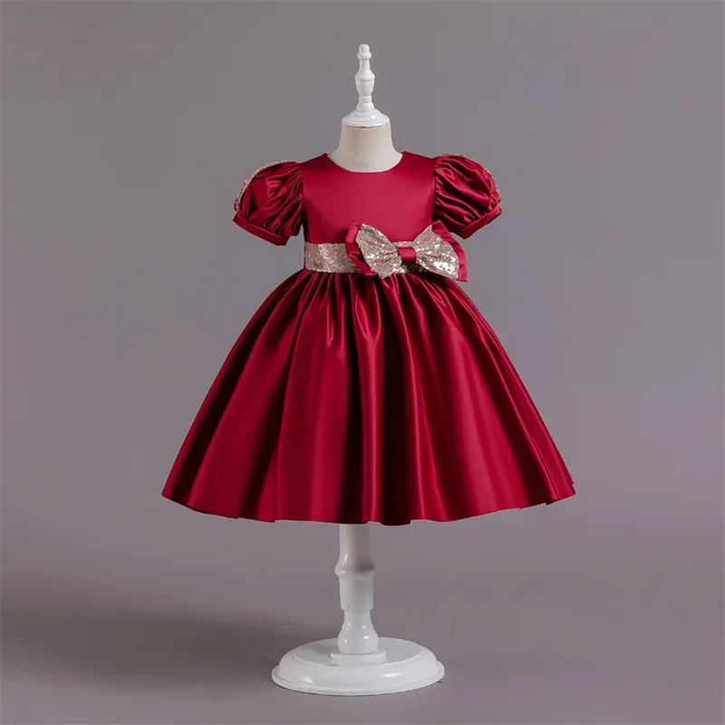 Vestido de cetim feminino com bowknot, roupas de princesa, vestido formal para casamento e festa de aniversário, vestido de tule infantil