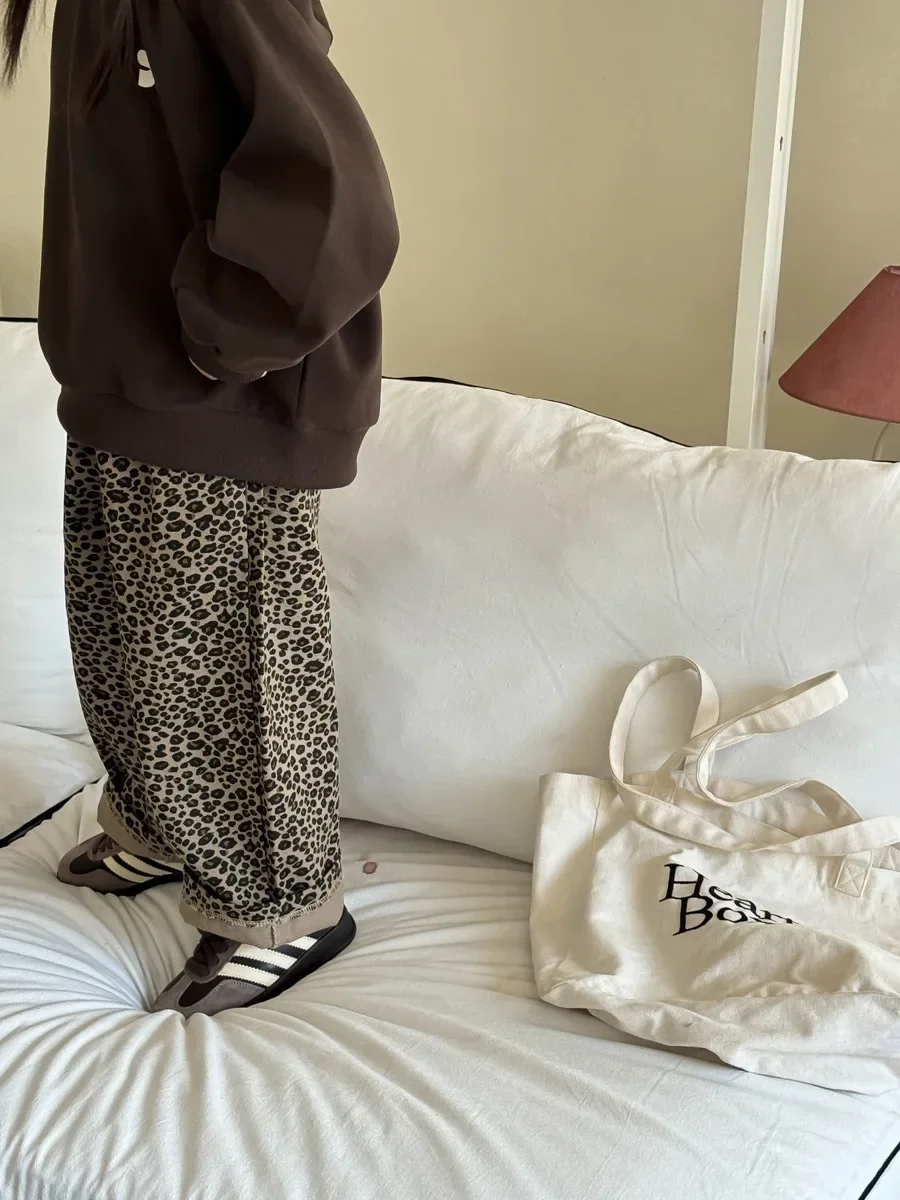 Girl Pant Princess Girls Autumn New Korean Style Casual Leopard Print Pants Children Fashion Wide-leg Fashion Mopping Pant