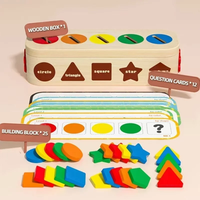 Wooden Baby Shape Assortment Educational Toys Montessori Toys Geometric Shapes Colorful Building Block Box Boys Girls Gifts