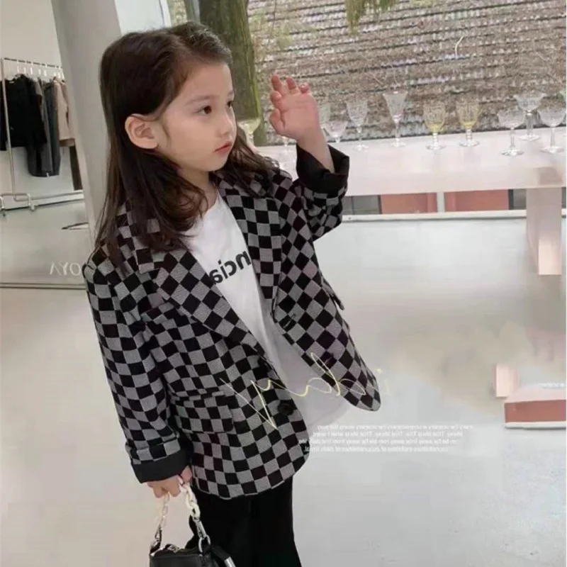 2024 Girl Loose Coat Chessboard Pattern Leisure Suit Tops Spring Autumn Korean Clothes Children\'s Clothing Jackets