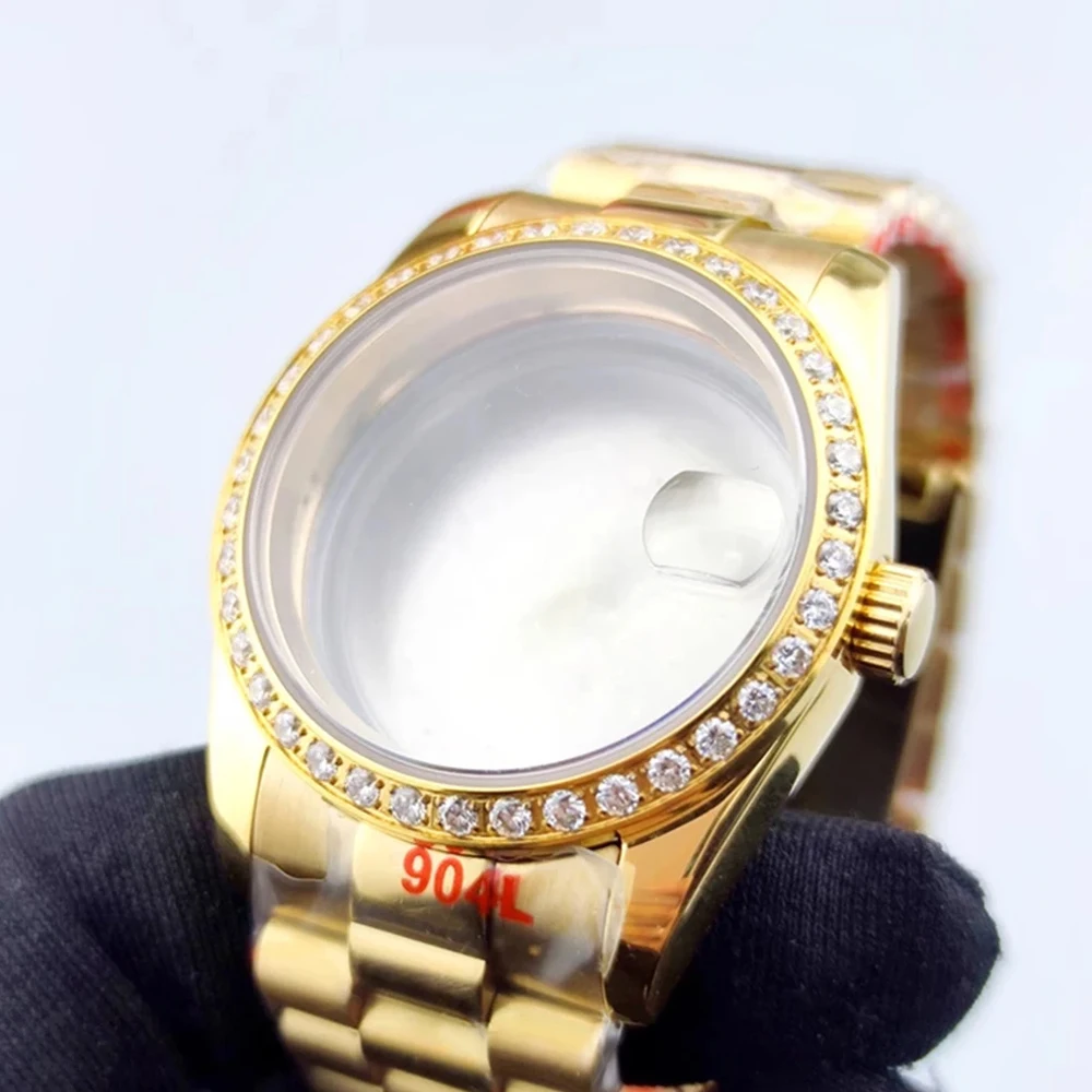 

New Rhinestones Bezel Insert Watch Case + Strap, Sapphire Glass NH35 Case 36mm, for NH35 NH36 4R36 4R35 Movement Fit 28.5mm Dial