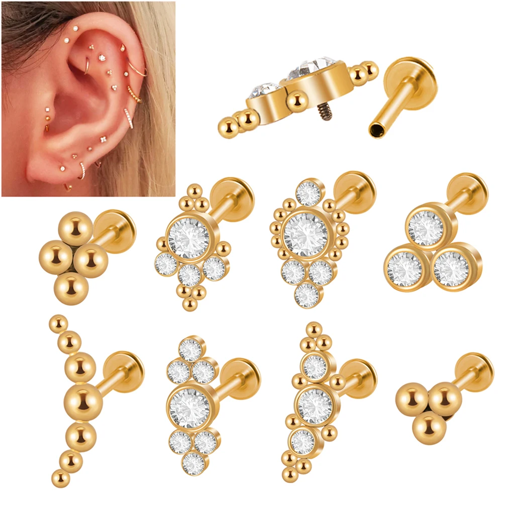 Stal chirurgiczna 316L 16G pozłacana Cz Labret pierścień kryształ chrząstka ucha klastra Tragus Helix Daith Piercing biżuteria