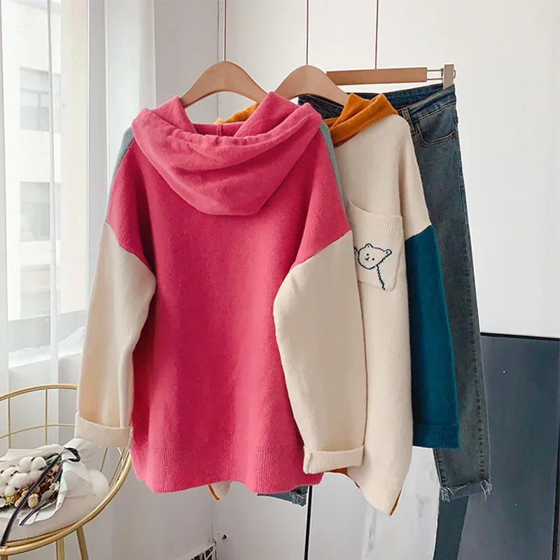 Suéteres con capucha para mujer, ropa de invierno 2024, jerséis de punto de retazos de dibujos animados, jersey con bolsillo, prendas de punto, novedad de 2024