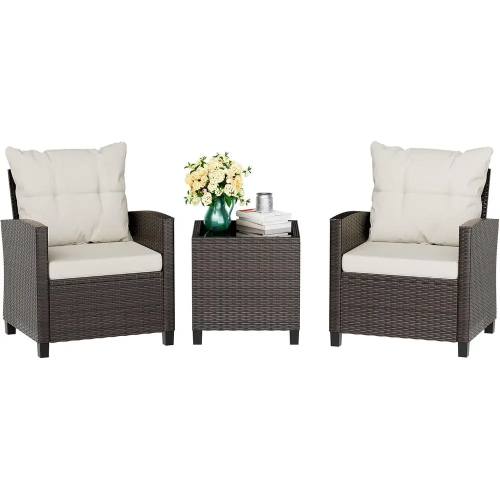

Compact Outdoor Wicker Bistro Set with Cushioned Chairs and Glass Table for Patio, Garden, Balcony, or Poolside (Beige)