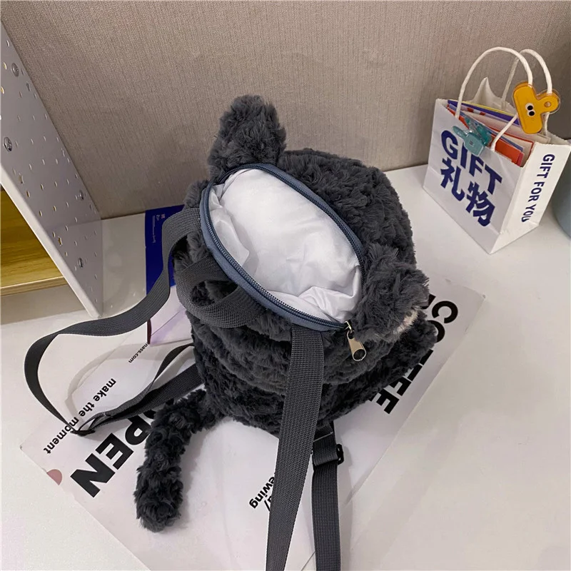 Kawaii Cat Doll Plush Backpacks Cute Animals Design Small Bags Casual Cartoon Zipper Shoulder Bags Kids Grey Backpacks For Women