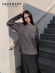 CHEERART Ribbed  Oversized Sweater Women Pullover Stand Collar Striped Knitted Top 2023 Fashion Trending New In Knitwears