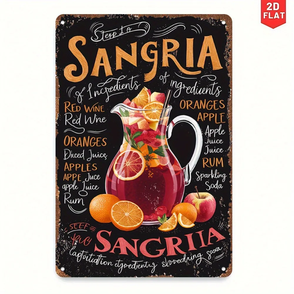 (Pintura en estaño 2D) Letrero de metal plano 2D con receta de sangría vintage, decoración rústica para cocina con ilustración de ingredientes