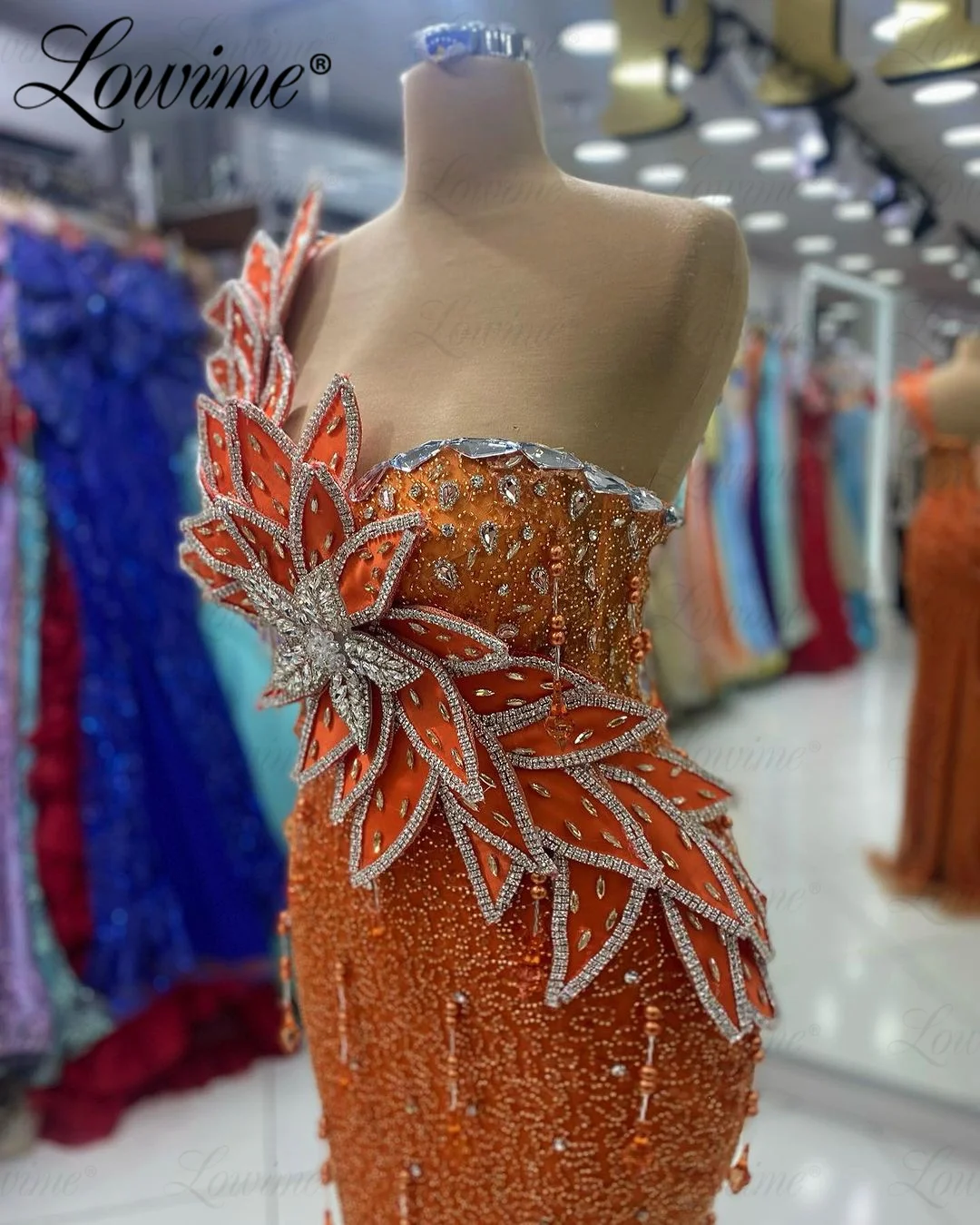 Orange Arabic Evening Dresses Woman Elegant Aso Ebi Crystals Mermaid Prom Dress Tassel Crystals Long Engagement Gowns For Party