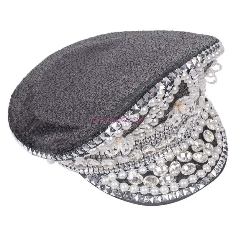 

49ME Jeweled Hat Glinting Crystal Rivets Captain Hat for Carnivals Music Festival