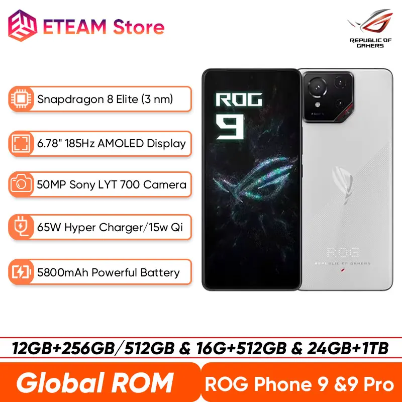 2024 ASUS ROG Phone 9 & 9 Pro 5G Gaming Phone Snapdragon 8 Elite 6.78 ''185Hz E-Sport Display 50MP LYT 700 Fotocamera 5800mAh