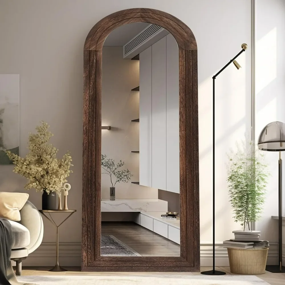 Arched Full Length Mirror with Solid Wood Frame, 65x22 Farmhouse Wall Mounted Floor Mirror with Stand, Vertical Hanging