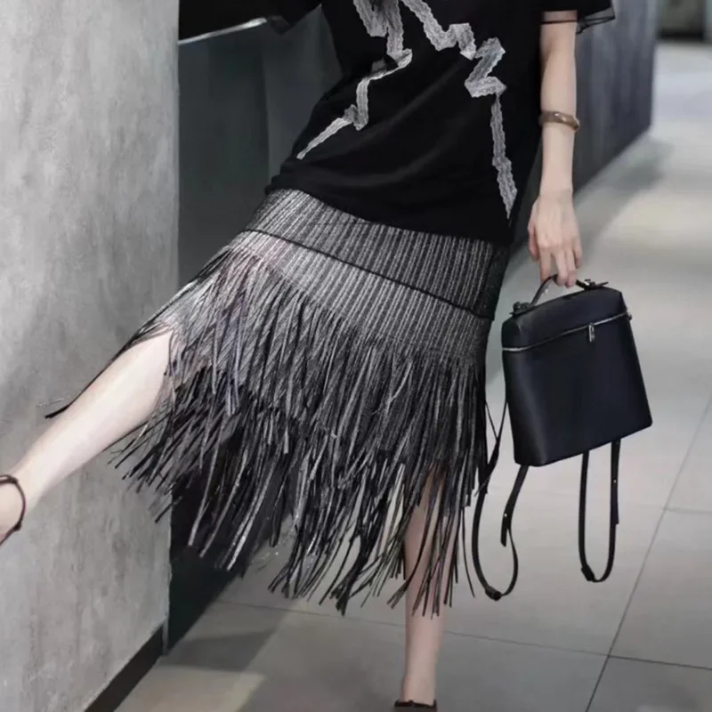 ALSEY Falda recta de diseño informal de cintura alta para mujer, novedad de verano 2025, falda plisada con flecos de cien colores a la moda Miyake