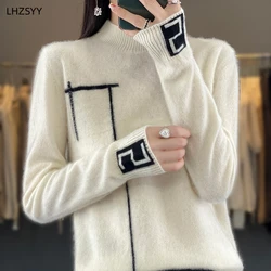 LHZSYY 2023 Autumn/Winter 100%Pure Woolen Sweater Women' Fashion Jacquard Jumper Loose Knit Tops Half Turtleneck Cashmere Blouse