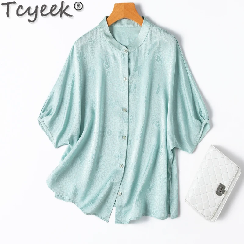 Tcyeek-camisa de seda de morera para mujer, Tops informales elegantes, ropa de verano holgada, 100%