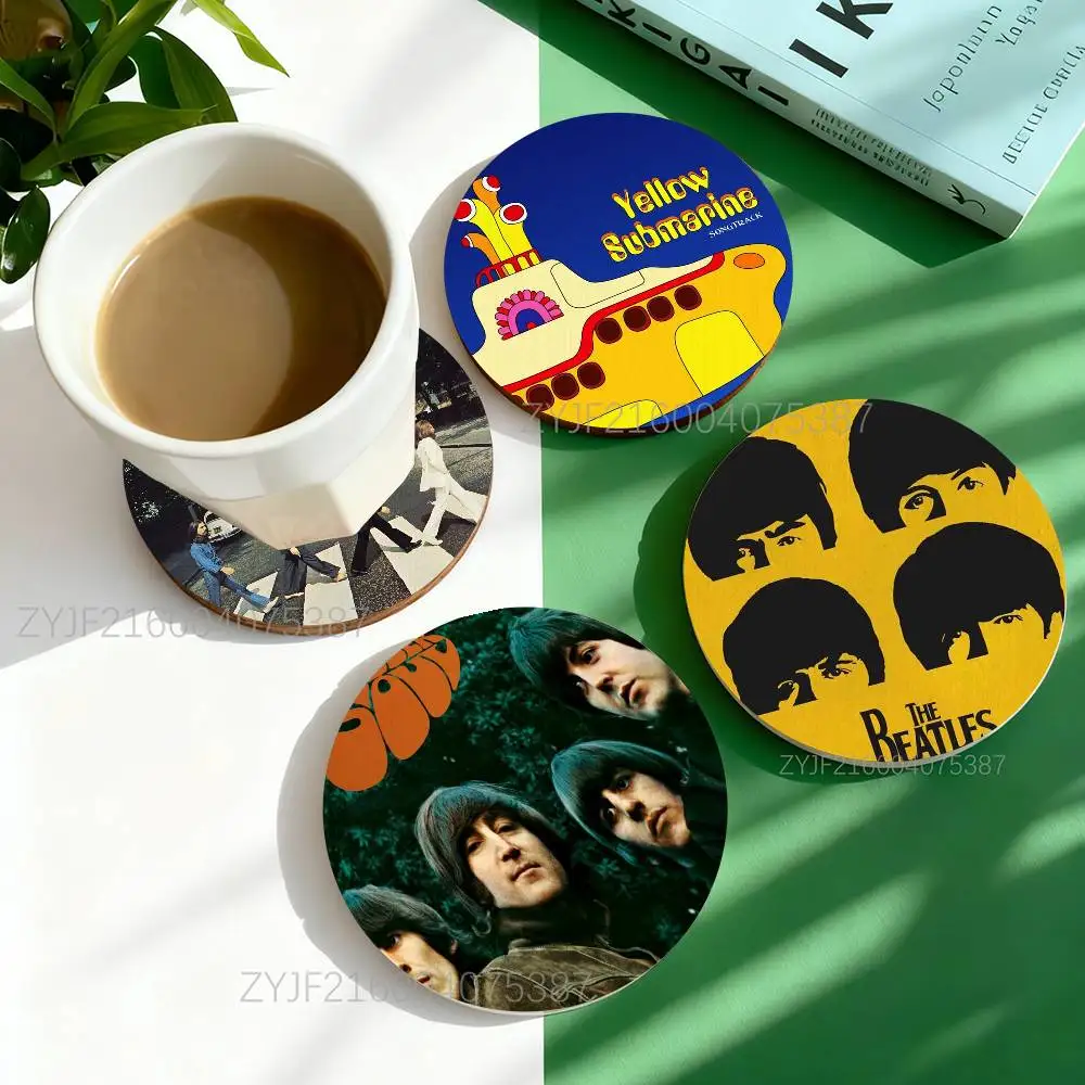 

The B-Beatles Band HELP Pattern Art Coasters Round Wooden Heat Resistant Non-Slip Home Decor Gift Multifunctional