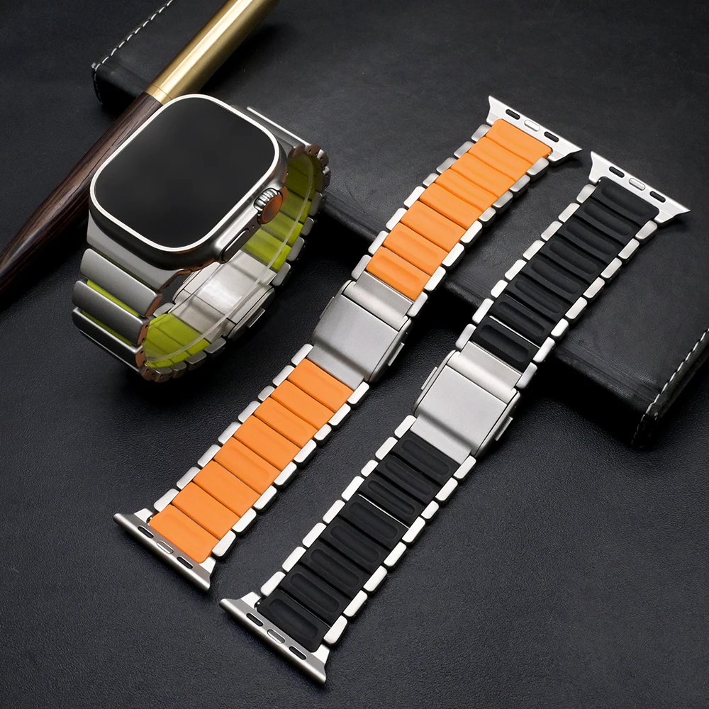 

Magnetic Band for Apple Watch Ultra 49mm Series 10 46mm Luxury Titanium+Silicone Strap for Series 9 8 7 6 5 SE 44 45mm Bracelet