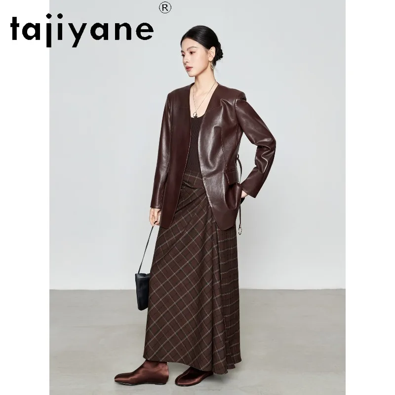 TAJIYANE Oil Waxed Sheepskin Leather Jacket Women Mid Length Real Leather Coat Slim Fit Belted Jackets for Woman V-neck Jaqueta