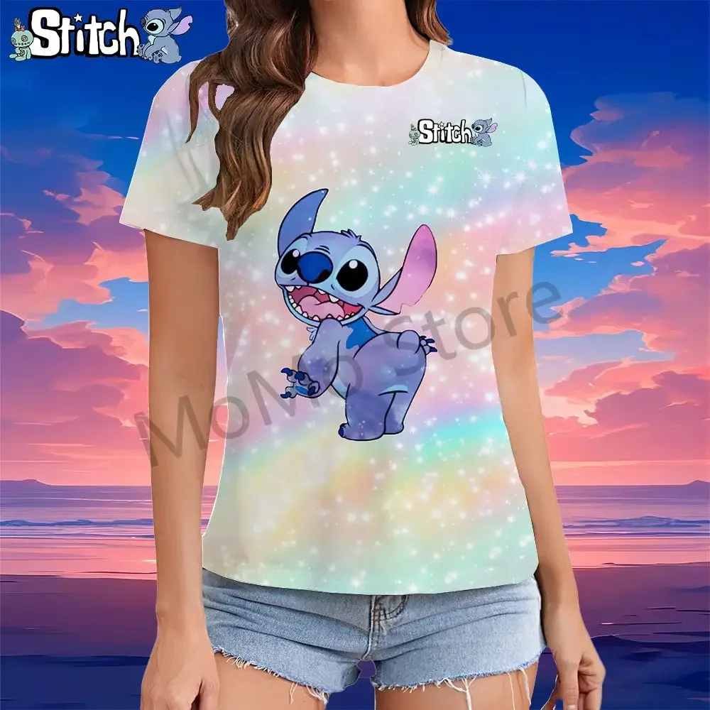 Girls' T-Shirt Kawaii Disney Stitch 100-6XL Summer Short Sleeve Street Wear Y2K Ladies Fashion 2024 O Neck Female Clothing Tops