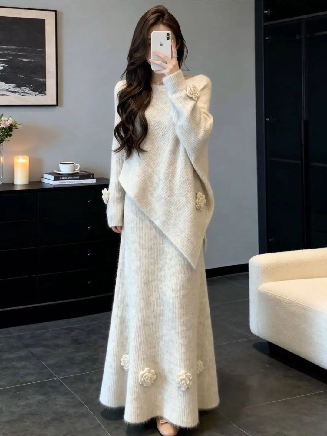 

Korean Style Warm Knitted Half Skirt Set Women's Loose Slimming Fashionable Sweater Set Skirt Comfortable Midweight Long Sleeve
