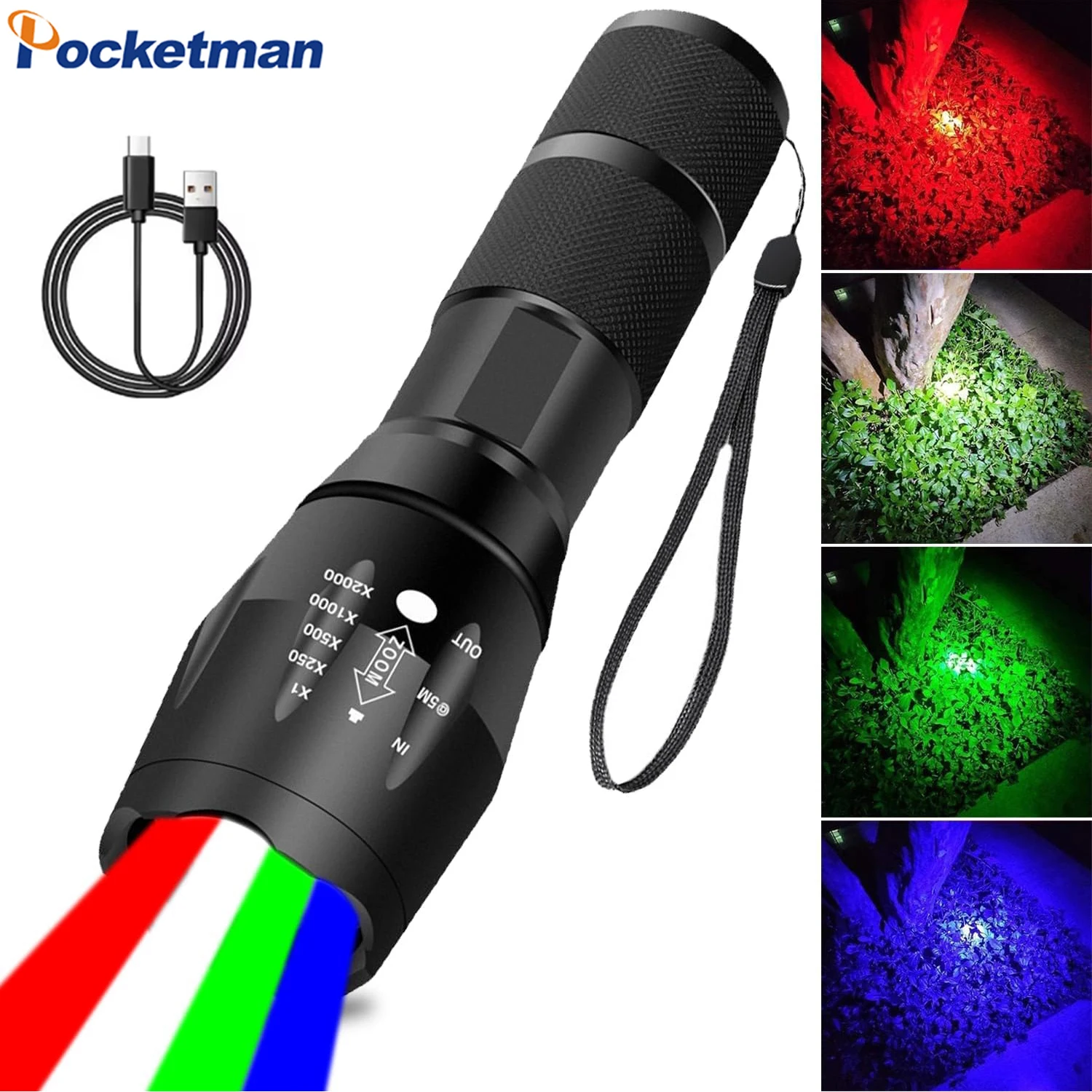 Multi-Color Rechargeable Flashlight 4 Color in 1 LED White Blue Green Red Lights Flashlights 4 Modes Zoom Waterproof LED Torch