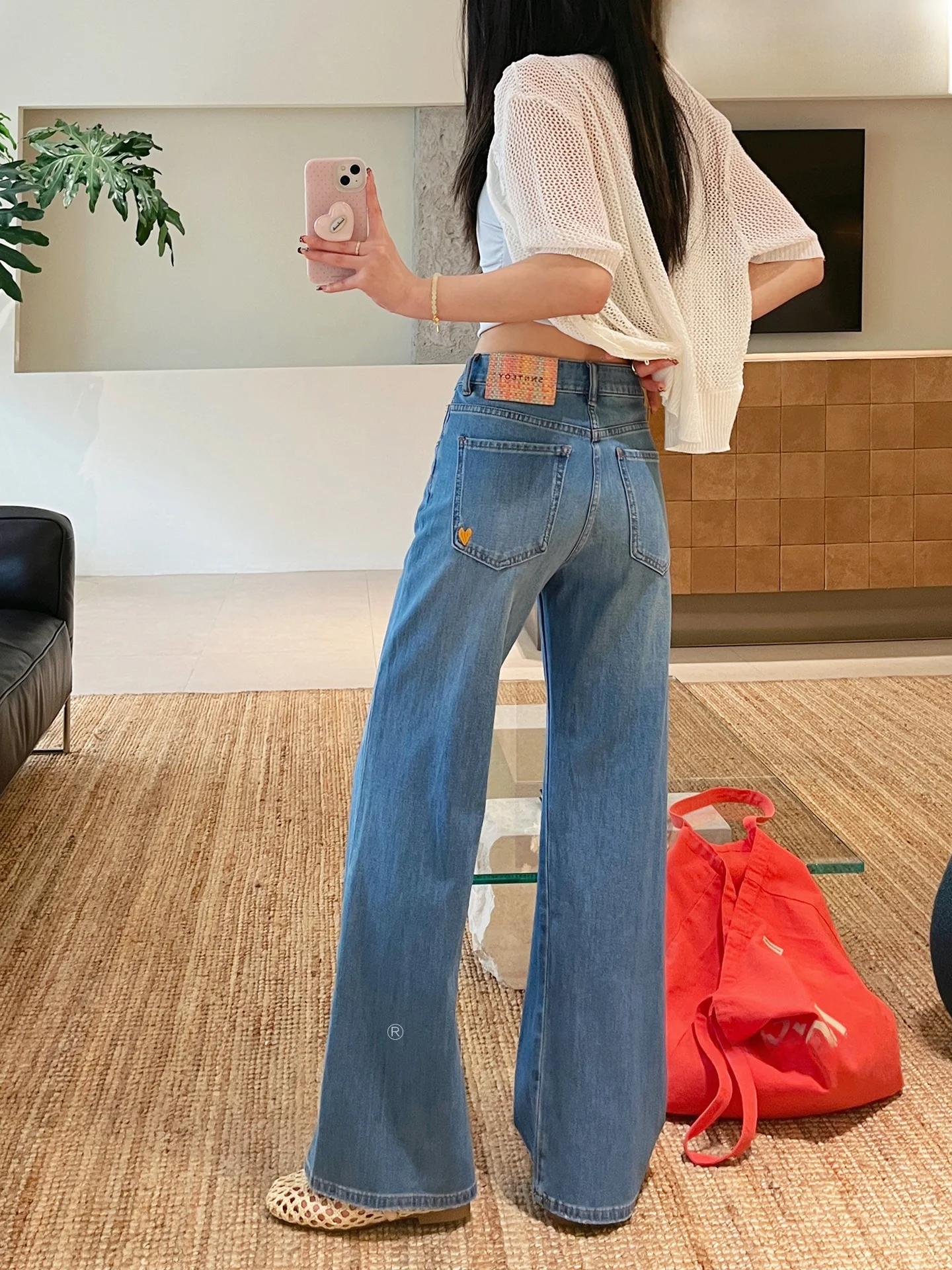 

High Waist Straight Leg Denim Jeans Women's Summer Thin Ice Silk Elastic Love Embroidery Very Wide Leg Pants Soft Comfortable