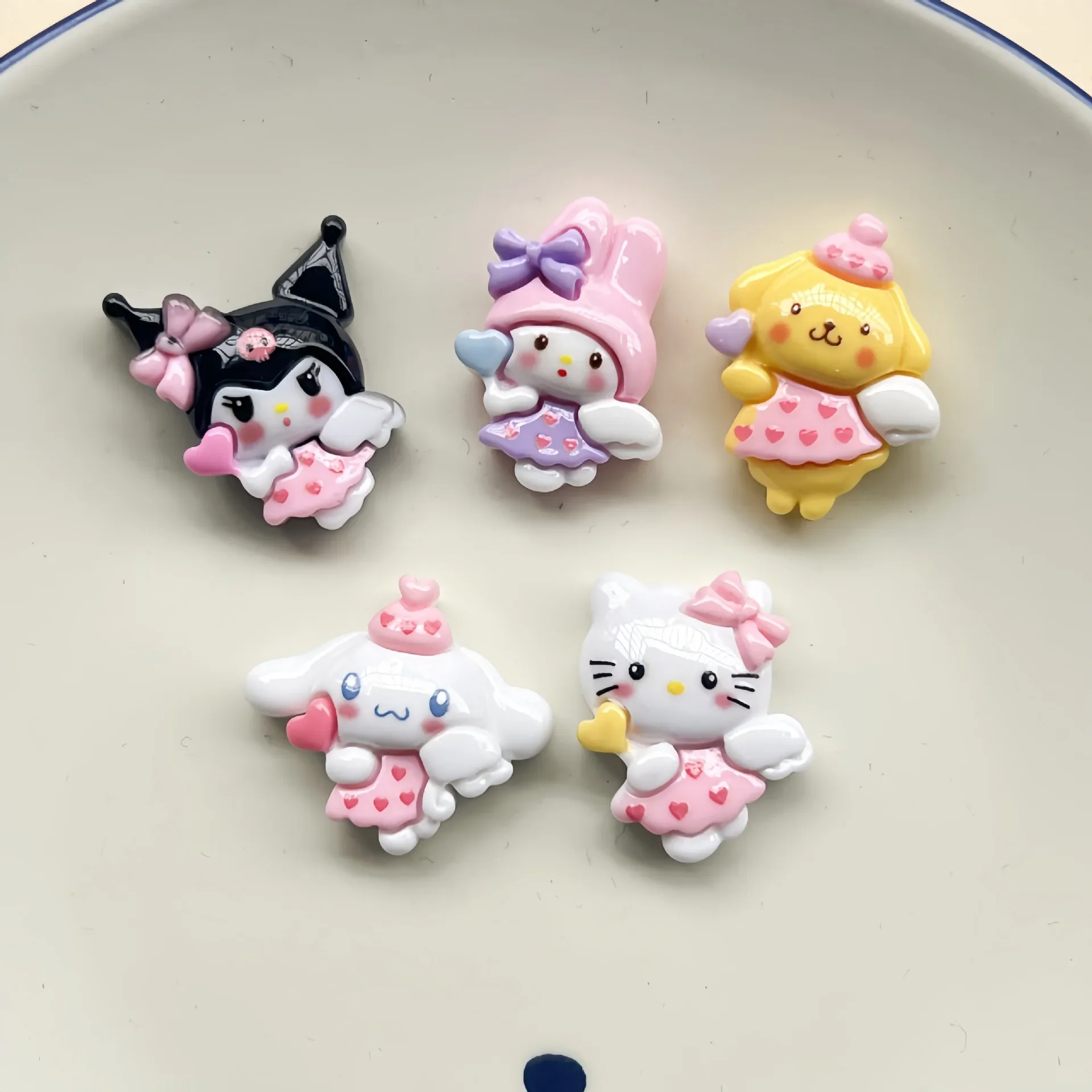 دبوس شعر كابوشون مسطح من راتنج الكرتون ، مواد مجوهرات ، إكسسوارات كرتون ، ملاك لامع ، قلب ، سانريو ، Serieshello ، كيتي ، 5