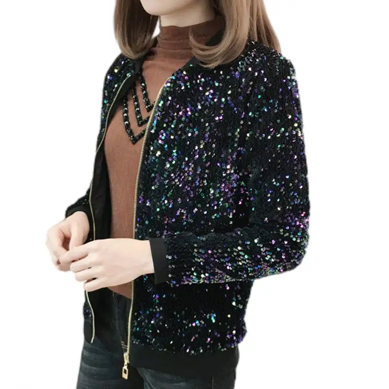 

Stand Collar Women Sequin Bomber Jacket Korean Style 2023 Spring Autumn Colorful Paillettes Ladies Bling Zip Up Coat