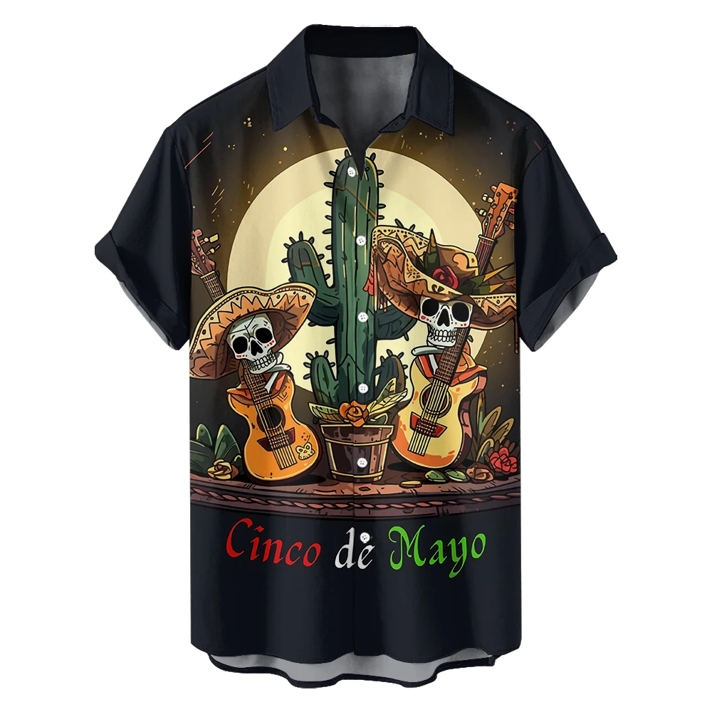 Original summer cactus skull guitar Casual travel Plus size short sleeve shirt Hawaiian style digital print loose trend shirt